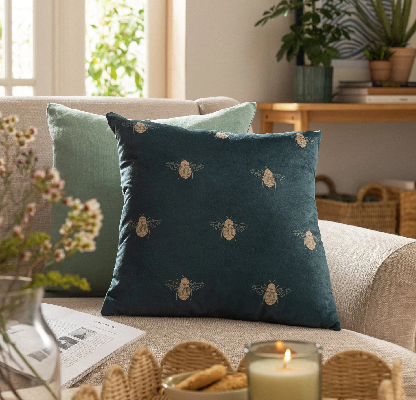 Habitat Gold Bee Printed Cushion - Teal - 43x43cm 4 Habitat Gold Bee Printed Cushion - Teal - 43x43cm - Image 2