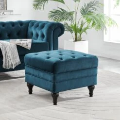 Habitat Chesterfield Velvet Storage Footstool - Blue -Habitat 3369683 R Z004A