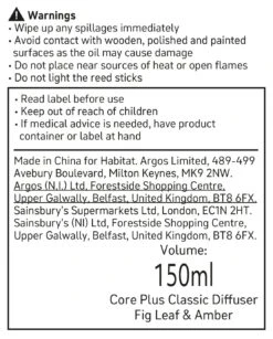 Habitat 150ml Scented Diffuser - Fig Leaf & Amber -Habitat 6823944 R Z011A